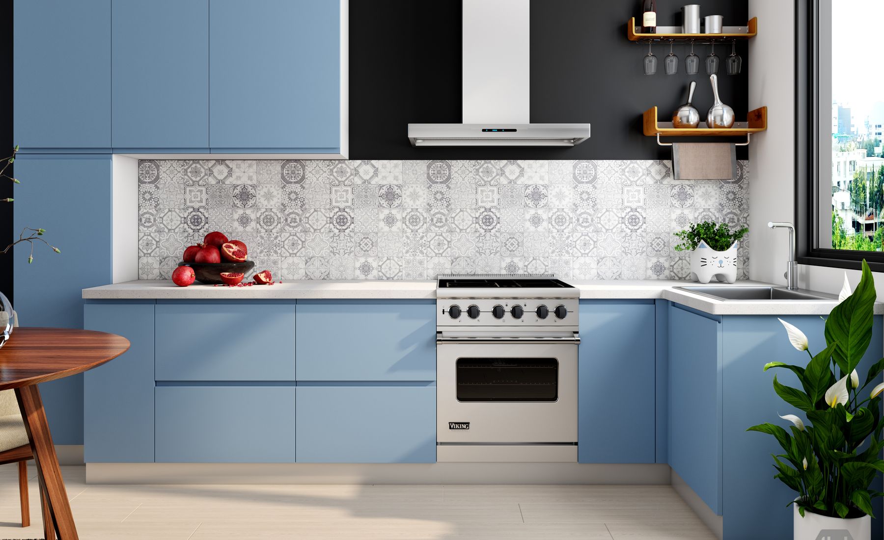 Patterned cement-look backsplash